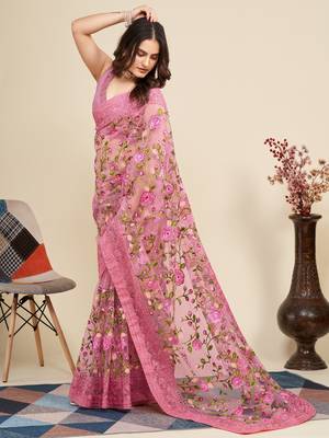 Pink net saree for women 4