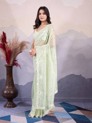Mint net saree with sequin embroidery 1