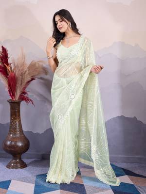 Mint net saree with sequin embroidery 3