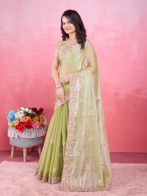 Mehendi green poly silk saree with embroidered borders 1