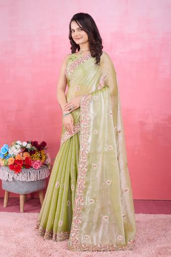 Mehendi green poly silk saree with embroidered borders