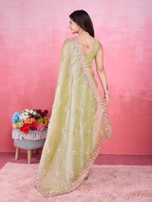 Mehendi green poly silk saree with embroidered borders 2