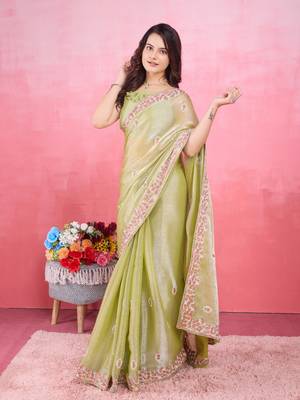 Mehendi green poly silk saree with embroidered borders 3