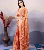 Rust Orange Dual-Tone Tissue Silk Saree with Sequin Border & Leaf Motifs