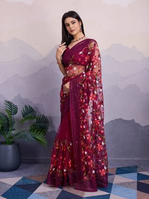 Magenta net saree with multicolor floral embroidery 2