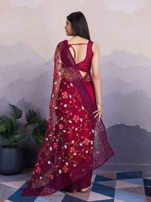 Magenta net saree with multicolor floral embroidery 3