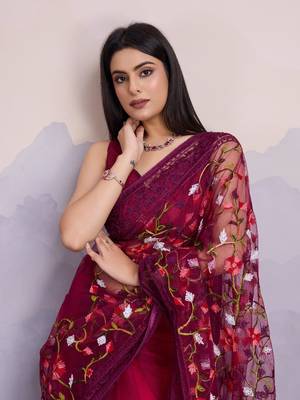Magenta net saree with multicolor floral embroidery 4