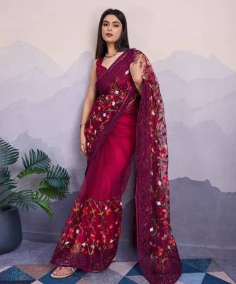 Magenta net saree with multicolor floral embroidery 1
