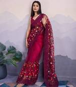 Magenta net saree with multicolor floral embroidery