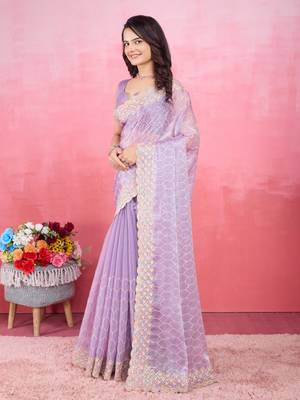 Lavender Tissue Saree with Embroidered Border 1