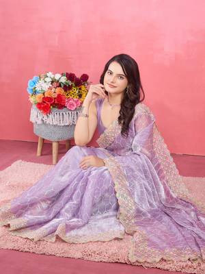 Lavender Tissue Saree with Embroidered Border 3