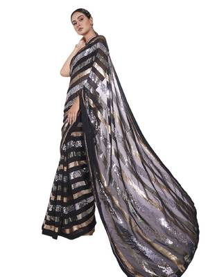 Black saree with metallic sequin stripes 2