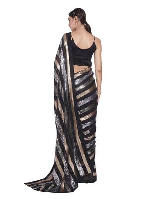 Black saree with metallic sequin stripes 3