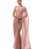 Pink organza saree with silver lace