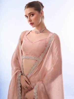 Pink organza saree with silver lace 4