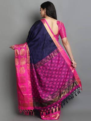 Navy & rani pink saree with gold zari work 2