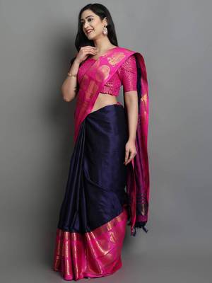 Navy & rani pink saree with gold zari work 1