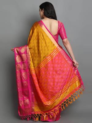 Yellow & rani pink woven art silk saree 2