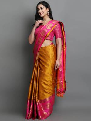 Yellow & rani pink woven art silk saree 1