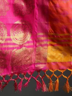 Yellow & rani pink woven art silk saree 4
