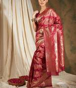 Red saree with large zari flower motifs