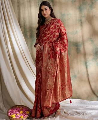 Red saree with gold zari motifs 1