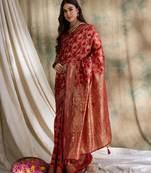 Red saree with gold zari motifs