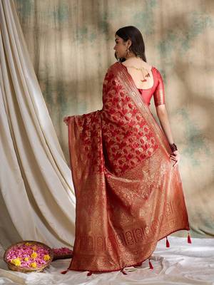 Red saree with gold zari motifs 2
