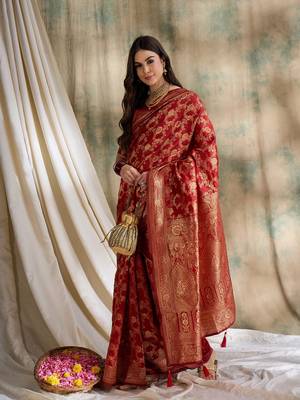 Red saree with gold zari motifs 3