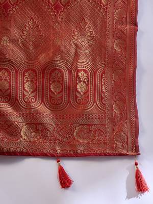 Red saree with gold zari motifs 5