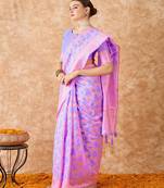 Lilac saree with pink floral prints & zari border
