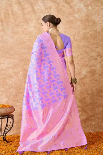 Lilac saree with pink floral prints & zari border
