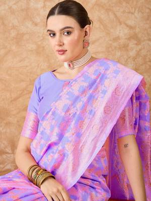 Lilac saree with pink floral prints & zari border 3
