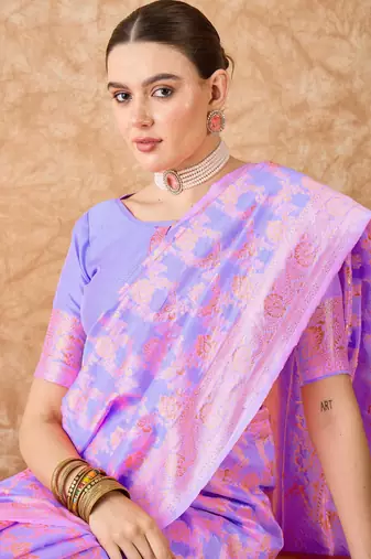 Lilac saree with pink floral prints & zari border