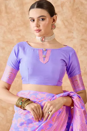 Lilac saree with pink floral prints & zari border