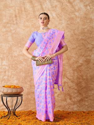 Lilac saree with pink floral prints & zari border 5