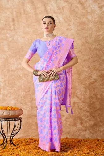 Lilac saree with pink floral prints & zari border