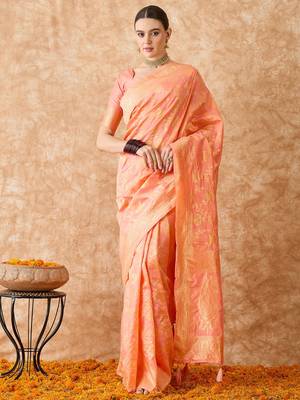 Peach saree with light motifs & zari border 1
