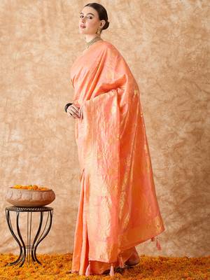 Peach saree with light motifs & zari border 2