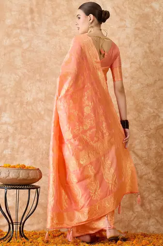 Peach saree with light motifs & zari border