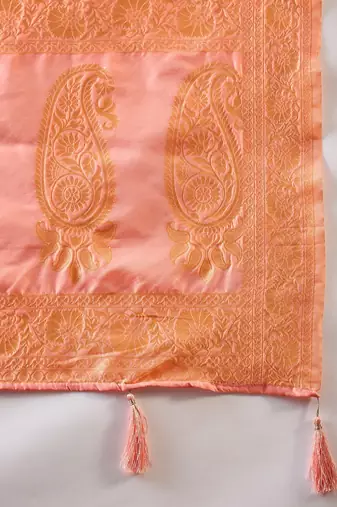 Peach saree with light motifs & zari border