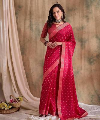 Rani pink woven art silk saree with zari polka dots 1