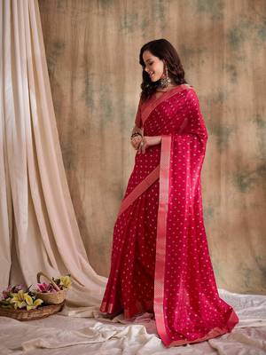 Rani pink woven art silk saree with zari polka dots 2