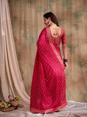 Rani pink woven art silk saree with zari polka dots 3