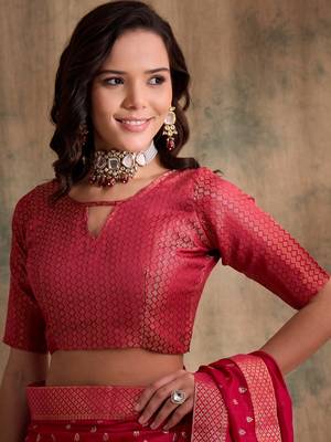 Rani pink woven art silk saree with zari polka dots 5