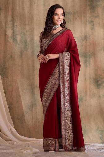 Deep red saree with zari woven border & blouse