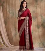 Deep red saree with zari woven border & blouse