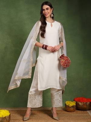 women off white chanderi silk solid straight kurta palazzos with dupatta 1