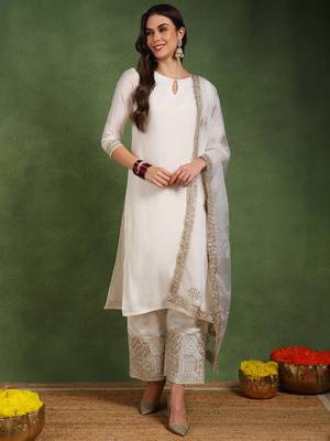 women off white chanderi silk solid straight kurta palazzos with dupatta 2