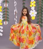 Intricate embroidery and floral printed organza anarkali in yellow